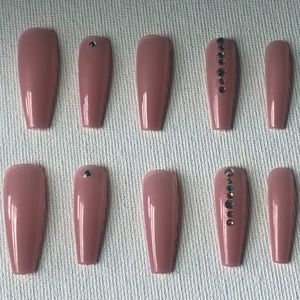Nude pink rhinestone press on nails